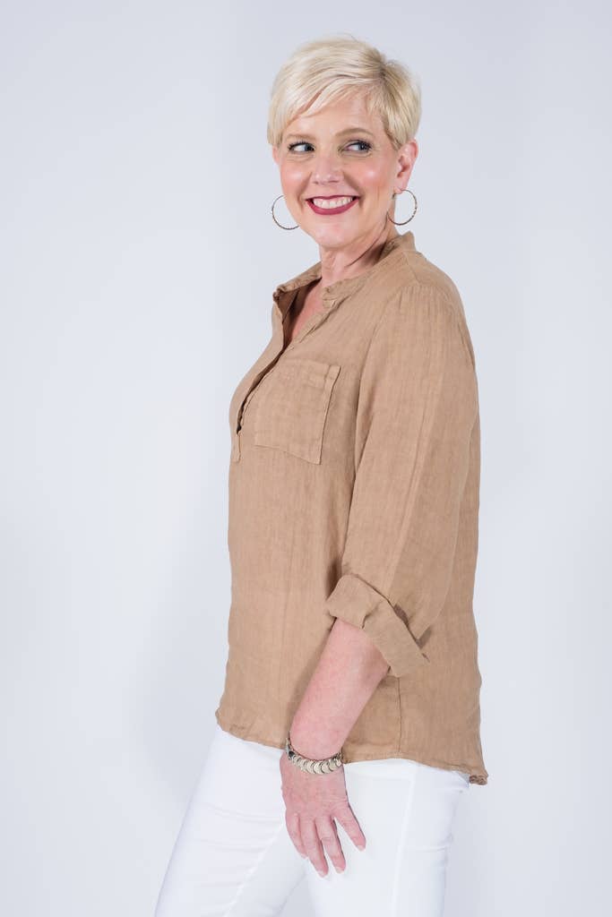 TINA Stephens Italy/Tees By Tina – Túnica - Mulher por atacado – Destino Linho Henley Top (BQ158)4