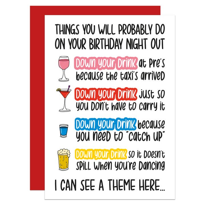 Down Your Drink Night Out A6 Card for wholesale by TeePee Creations