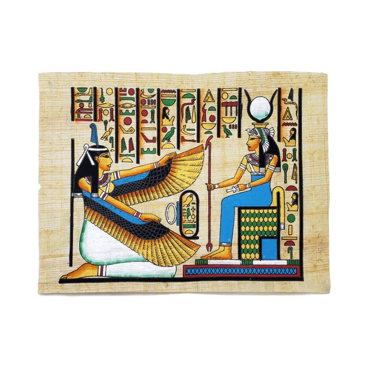 Håndmalet papyrus med egyptiske motiver af Maat og Isis – 20 x 28 cm for engroshandel hos Discoveries, Inc.