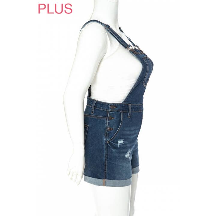 Timeless - Wholesale Overalls - Women's - PLUS DESTROYED ROLLED CUFF DENIM SHORTALLS