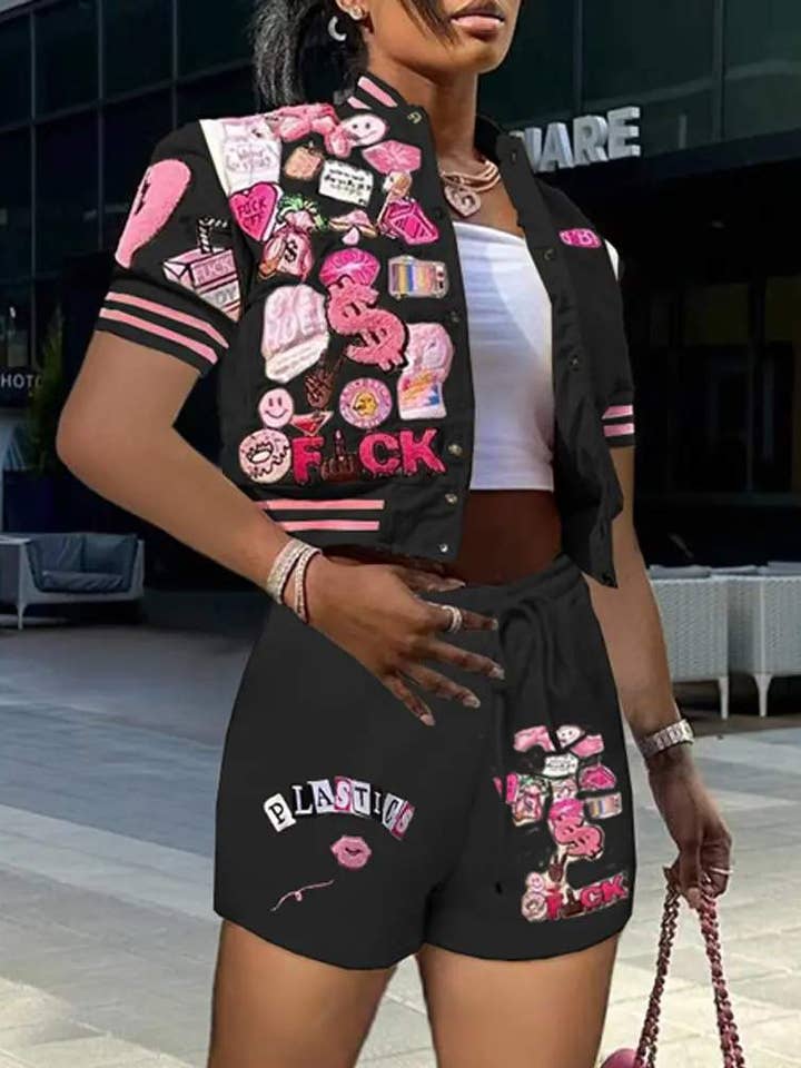 Flarix - Wholesale Top & Short Set (NOT Loungewear) - Women's - letter graphic pattern baseball top shorts set19