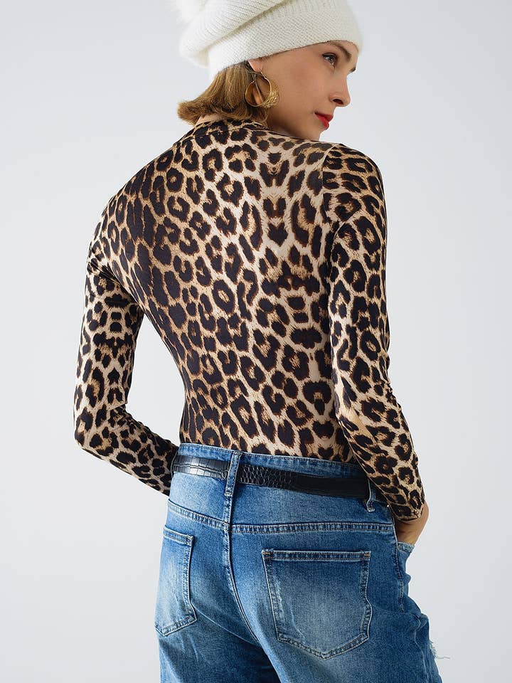 Marrone Body aderente in lycra con stampa leopardata e maniche lunghe in vendita all'ingrosso su Faire1