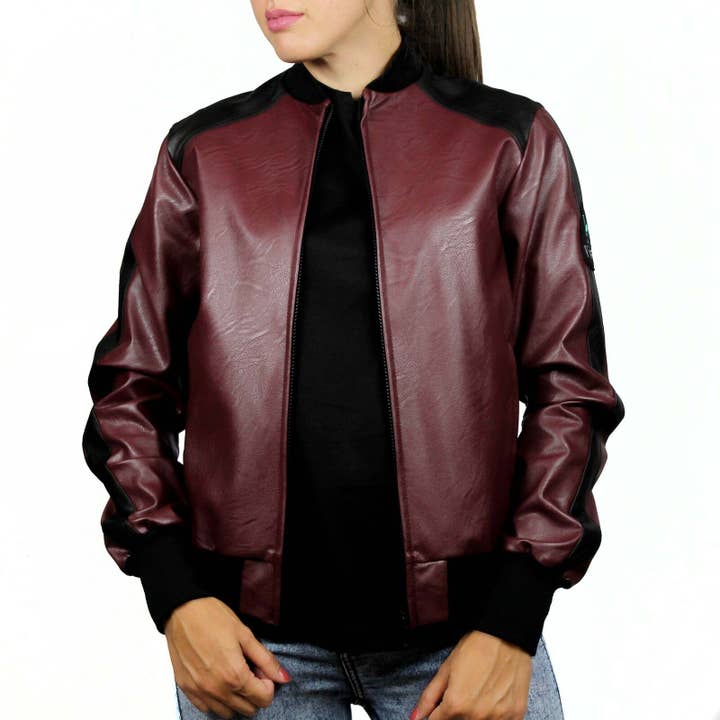 Bomber in pelle ecologica prugna e nero per la vendita all'ingrosso da parte di Vinto Exclusive