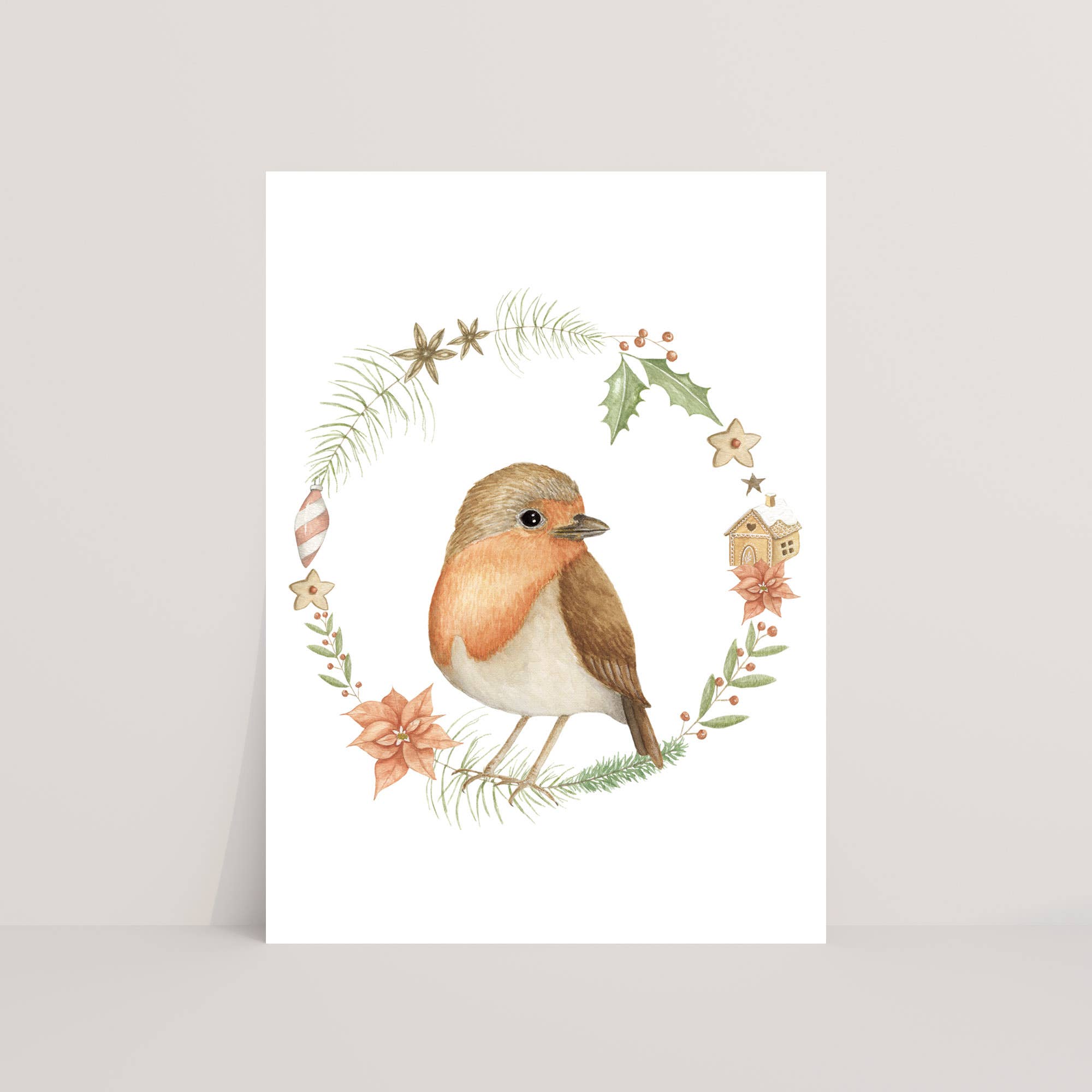 Appeloogje – Großhandel Weihnachtskarte – Postkarte mit Rotkehlchen und Weihnachtskranz