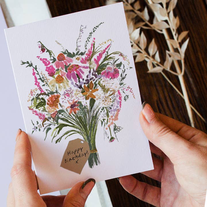 Happy Birthday! Dried bouquet with gift tag and neon pink for wholesale by Katie Dyer