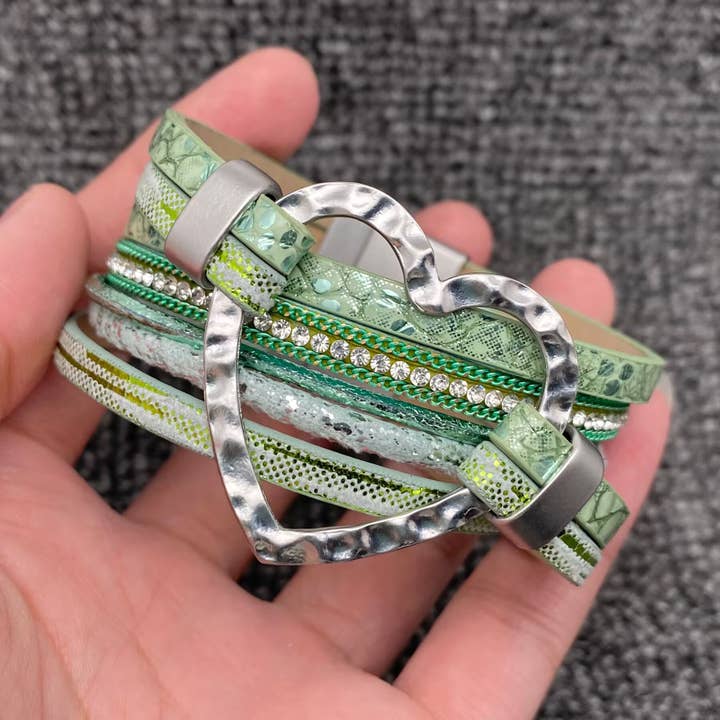 Mio Queena – Engroshandel Armbånd – Hjertecharm Rhinestone Læder Magnetisk Spænde Armbånd -LB5