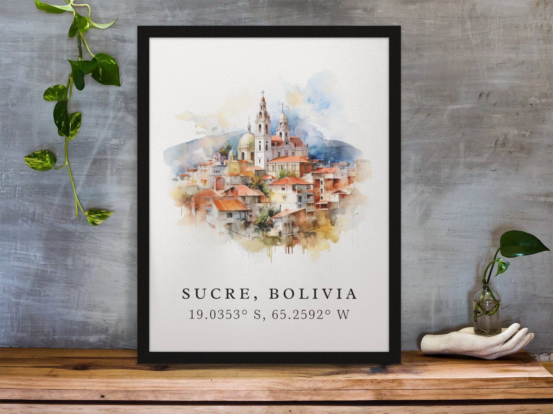 Premium Travel Art - Wholesale Art Print - Sucre traditional travel art - Bolivia, Sucre poster, Wedding gift, Birthday present, Custom Text, Personalised Gift0