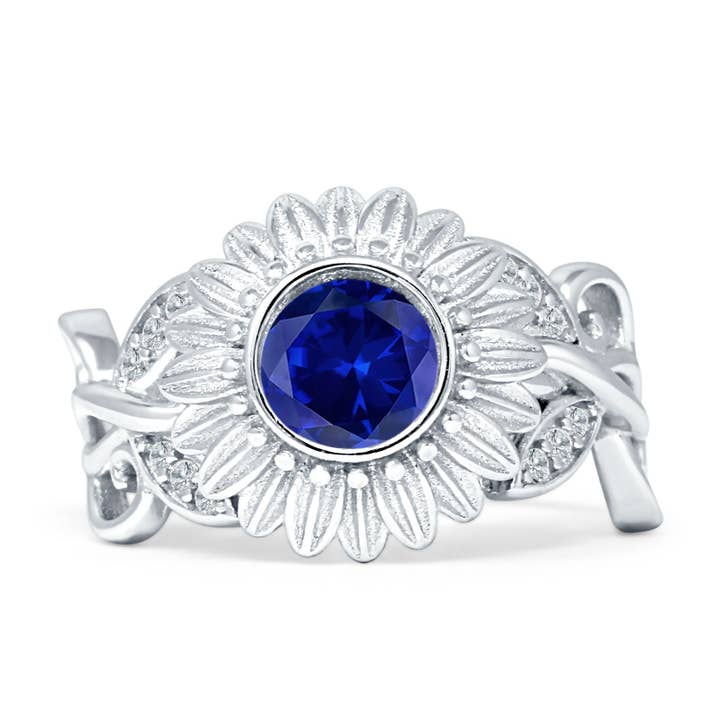 Sunflower Twisted Vine Leaf Engagement Ring Blue Sapphire CZ for wholesale by Blue Apple Imports