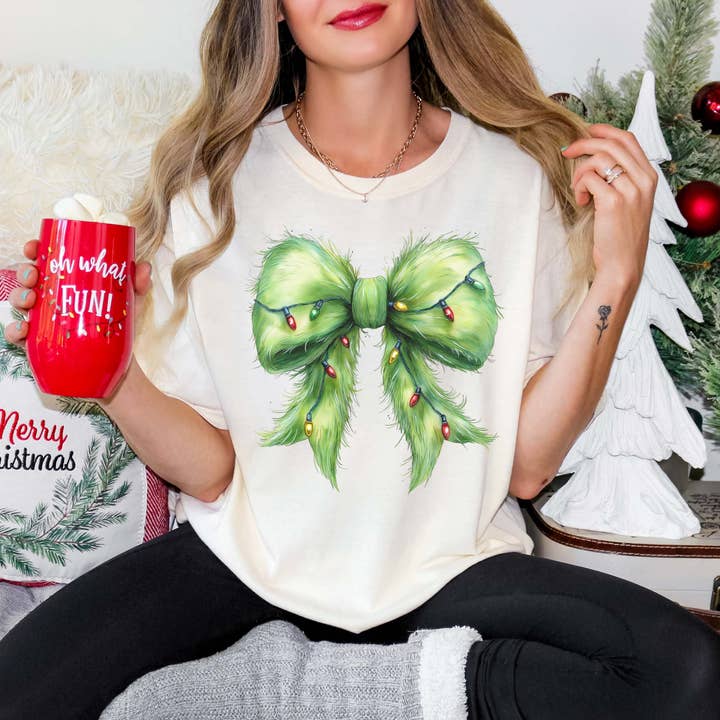Green Fur Christmas Lights Bow Wholesale Comfort Color Graphic Tee - Fast Shipping for wholesale by Limeberry Designs