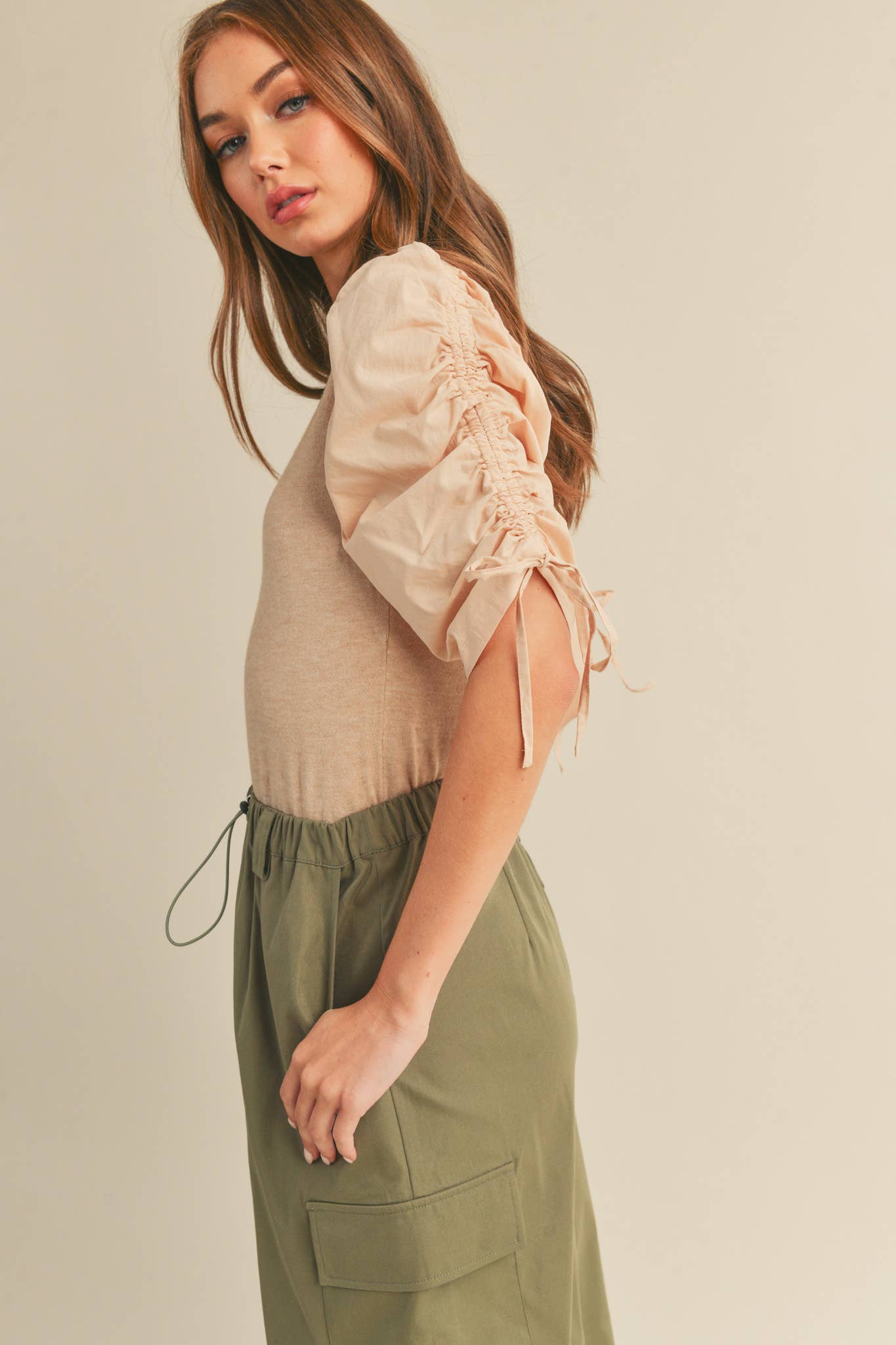 &MERCI - Wholesale Knit Top - Women's - RUCHED SLEEVE MIXED MEDIA TOP MSW24645