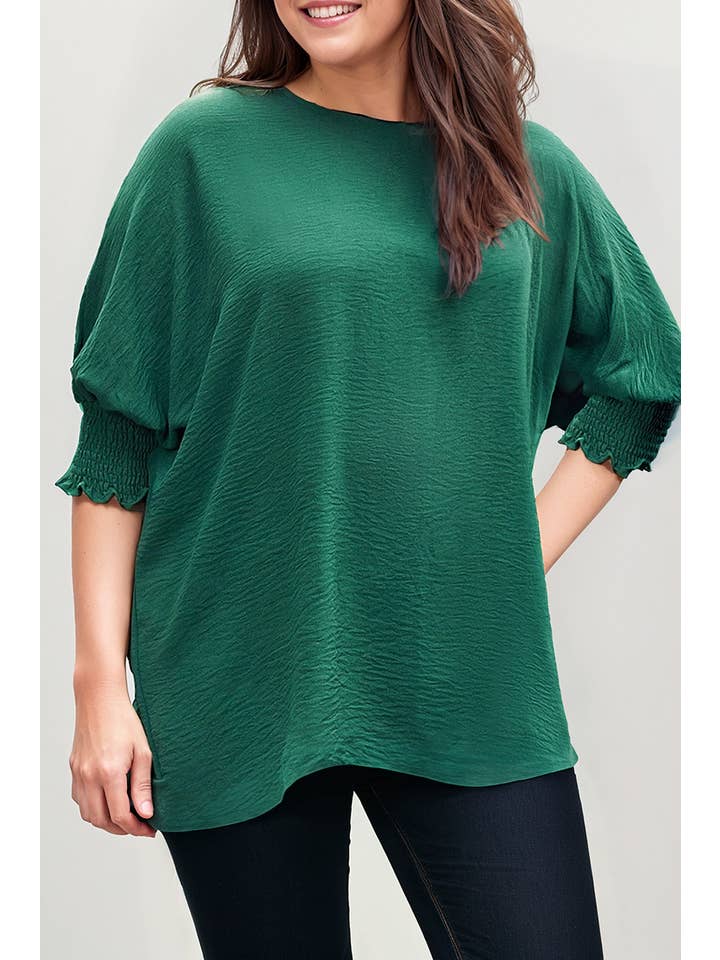 66DISCO - Wholesale Tunic - Women's - Smocked Wrist Round Neck Half Sleeve Knit Top (S-2XL)