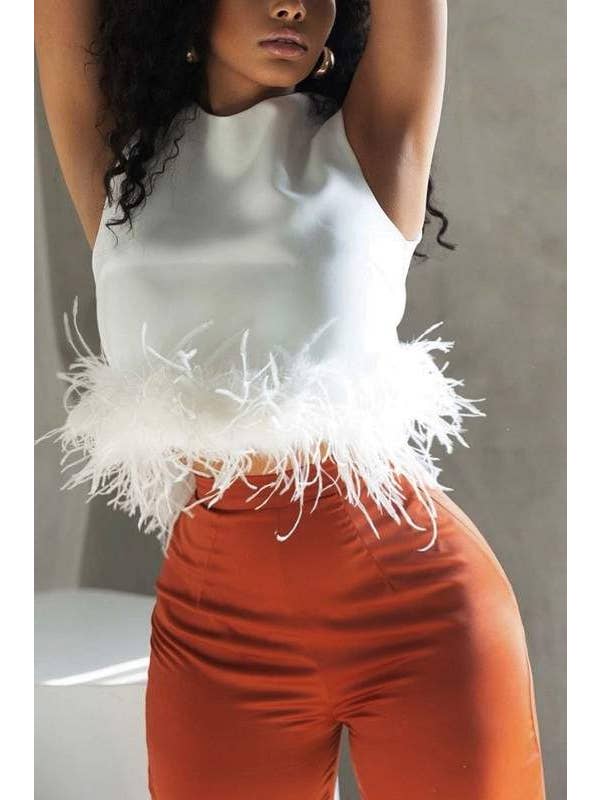 Queen Fashion - Wholesale Blouse - Women's - feather trim sleeveless top feather13