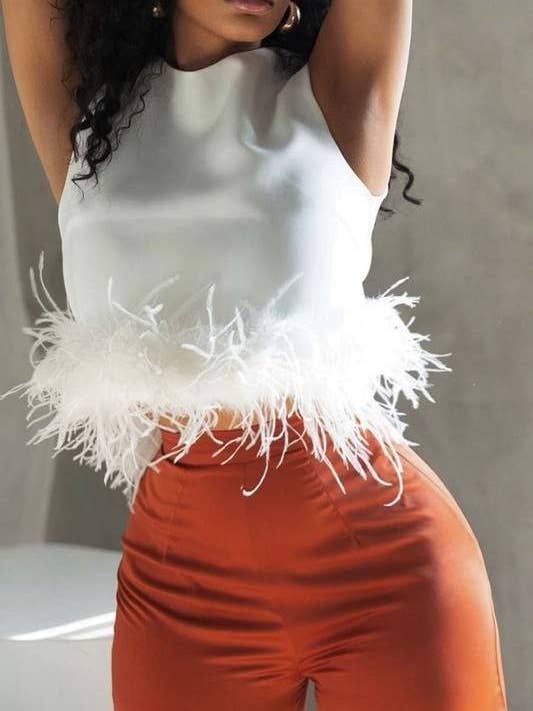 Flarix - Wholesale Blouse - Women's - feather trim sleeveless top feather13