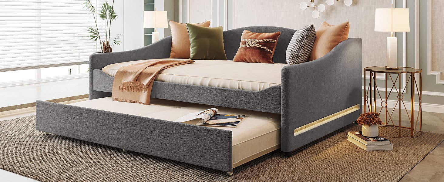 Gray Teddy Fleece Upholstered Daybed with Light and Trundle for wholesale on Faire14