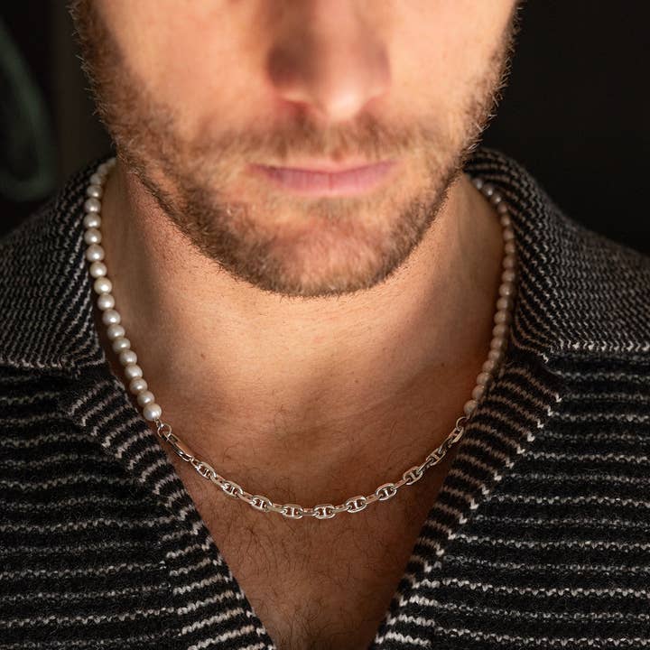 We Are All Smith - Wholesale Jewelry - Men's - 925 Sterling Silver Anchor Chain Pearl Necklace for Men0