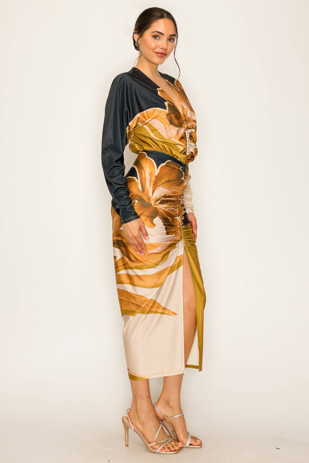 NAVY COMBO BD4049_Front Ruched V-Neck Midi Dress for wholesale on Faire3