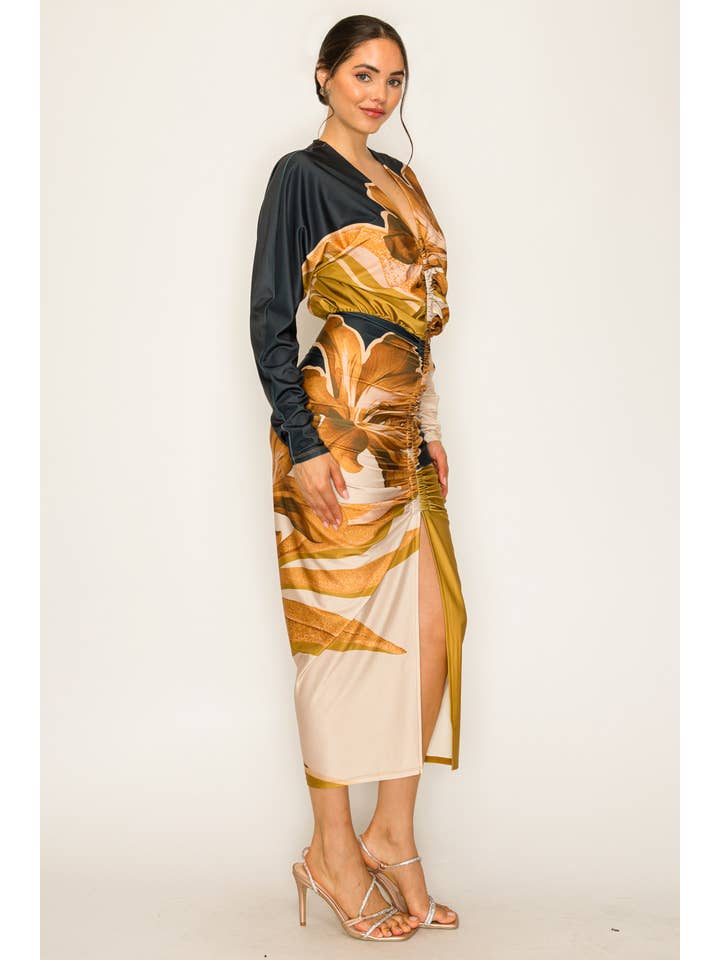 NAVY COMBO BD4049_Front Ruched V-Neck Midi Dress for wholesale on Faire3