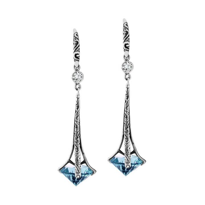 Bali Designs - Wholesale Dangle Earrings - AE-1175-BT Sterling Silver Long Blue Topaz Quartz Drop Earrings0