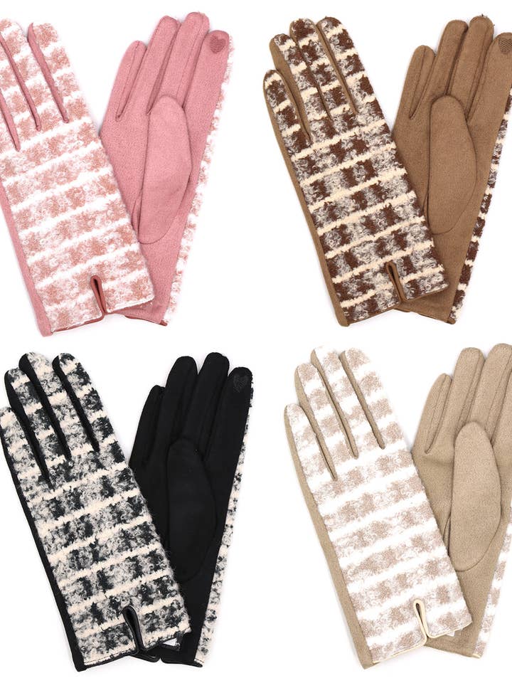 Fuzzy Check Plaid Pattern Smart Touch Gloves for wholesale by Hana