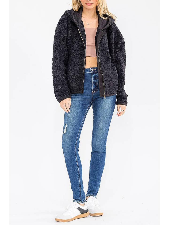 ROUSSEAU - Wholesale Jacket - Women's - SOLID SHERPA HOODED ZIP UP POCKET FRONT JACKET4