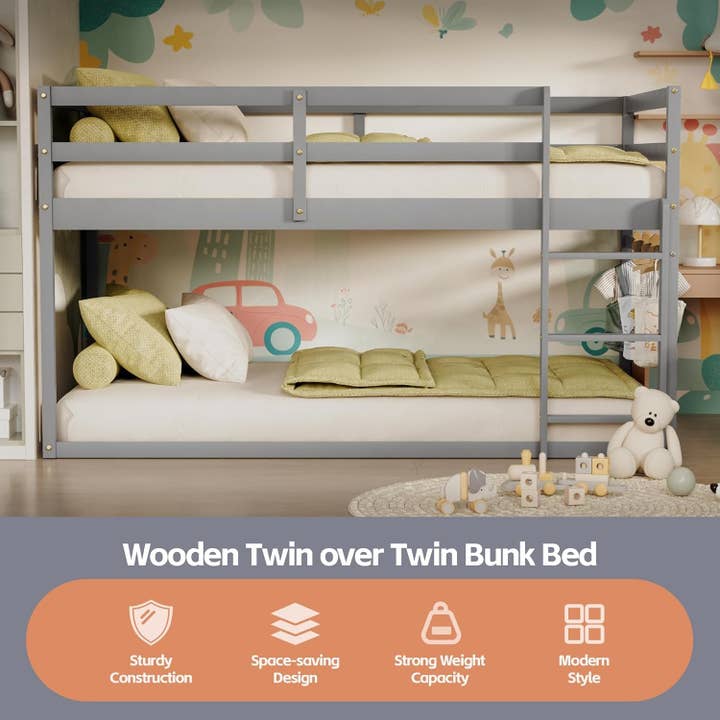 Grey Low Bunk Bed Twin Over Twin With Ladder For Kids Room for wholesale on Faire2