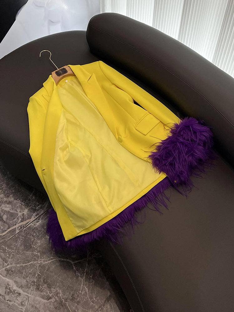 SY372 Yellow Blazer with Purple Feather Cuffs for wholesale on Faire2