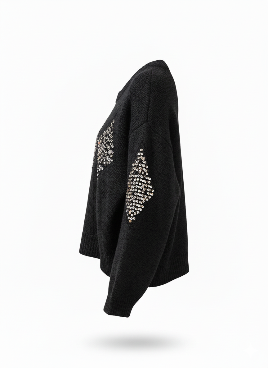Black Sequin Knit Sweater Diamond Pattern Embellished Pullover for wholesale on Faire5