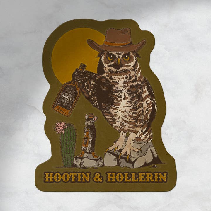Pegatina Hootin & Hollering: ratón y búho, vaquero para venta al por mayor de Cluster Funk Studio