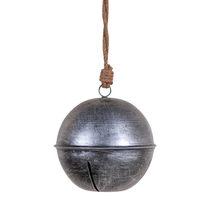 Rustic Hanging 6-Inch Dia Jingle Bell in Antique Silver for wholesale by Irvin's Tinware