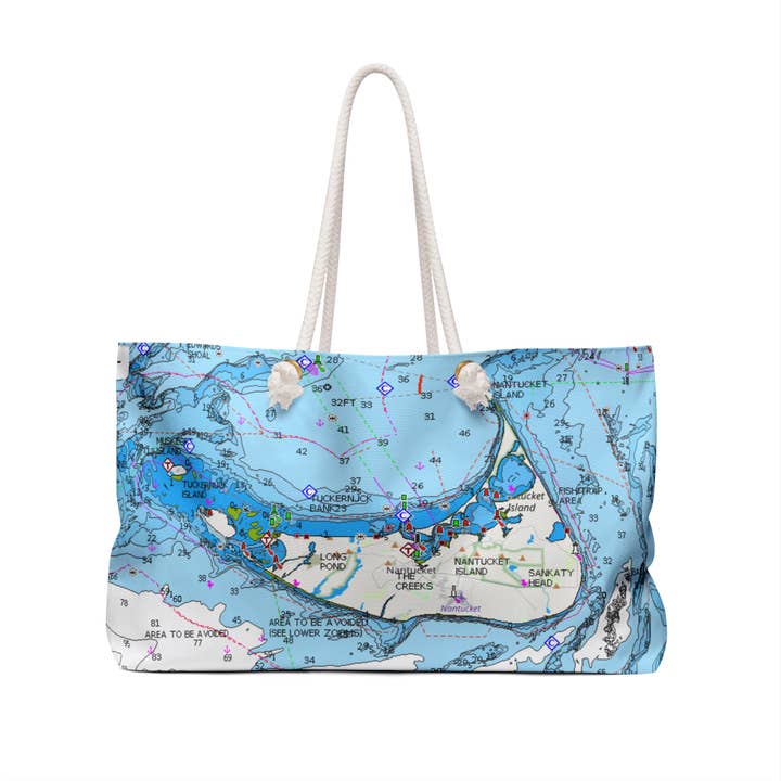 Nantucket Nautical Map, Large Beach Tote bag, Rope handles for wholesale by Lyn Roma