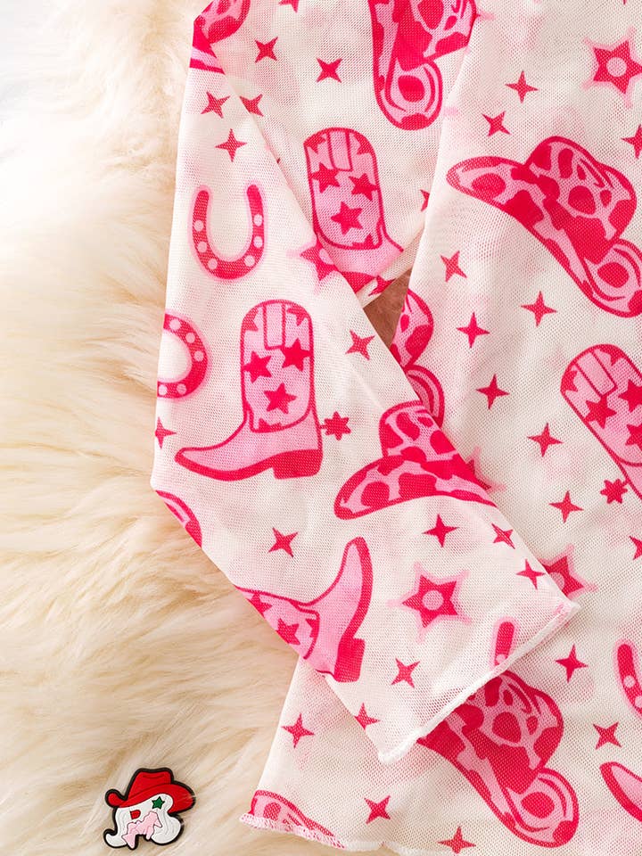 Kids Charm Online - Wholesale T-Shirt - Kids - Pink western hat & cowgirl boot printed mesh long sleeve top. TPG50648 Sol2