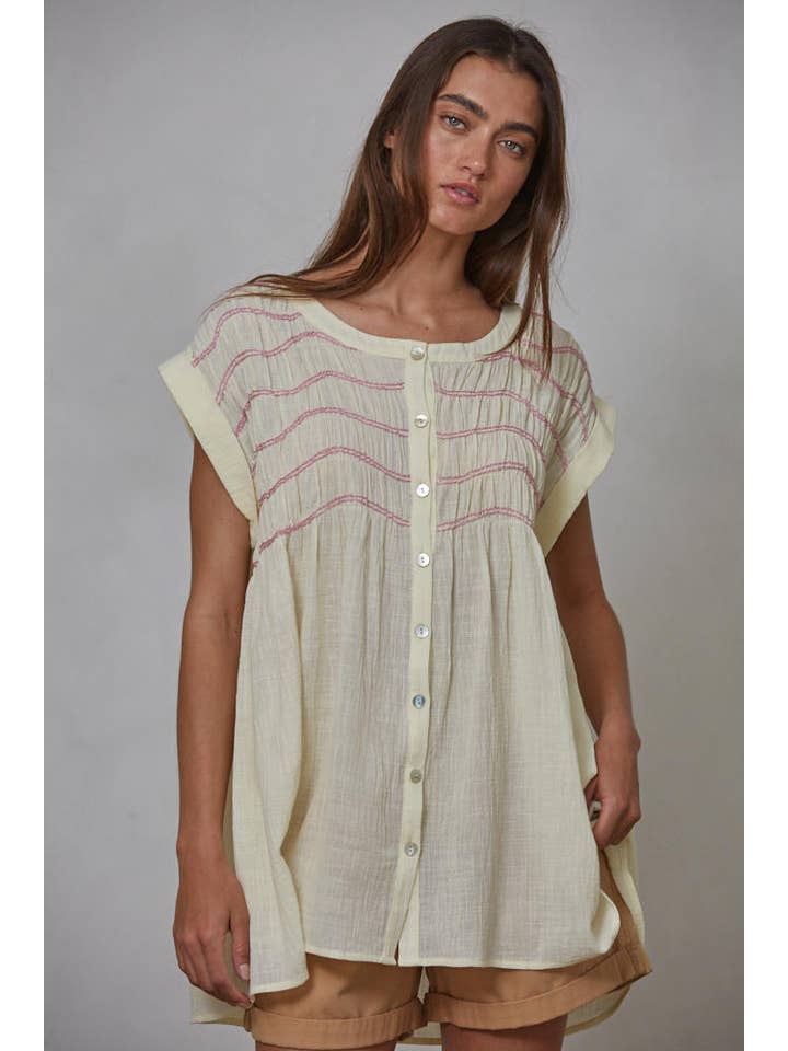 Cream L8377 | Woven Cotton Buttondown Round Neck Sleeveless Tunic for wholesale on Faire
