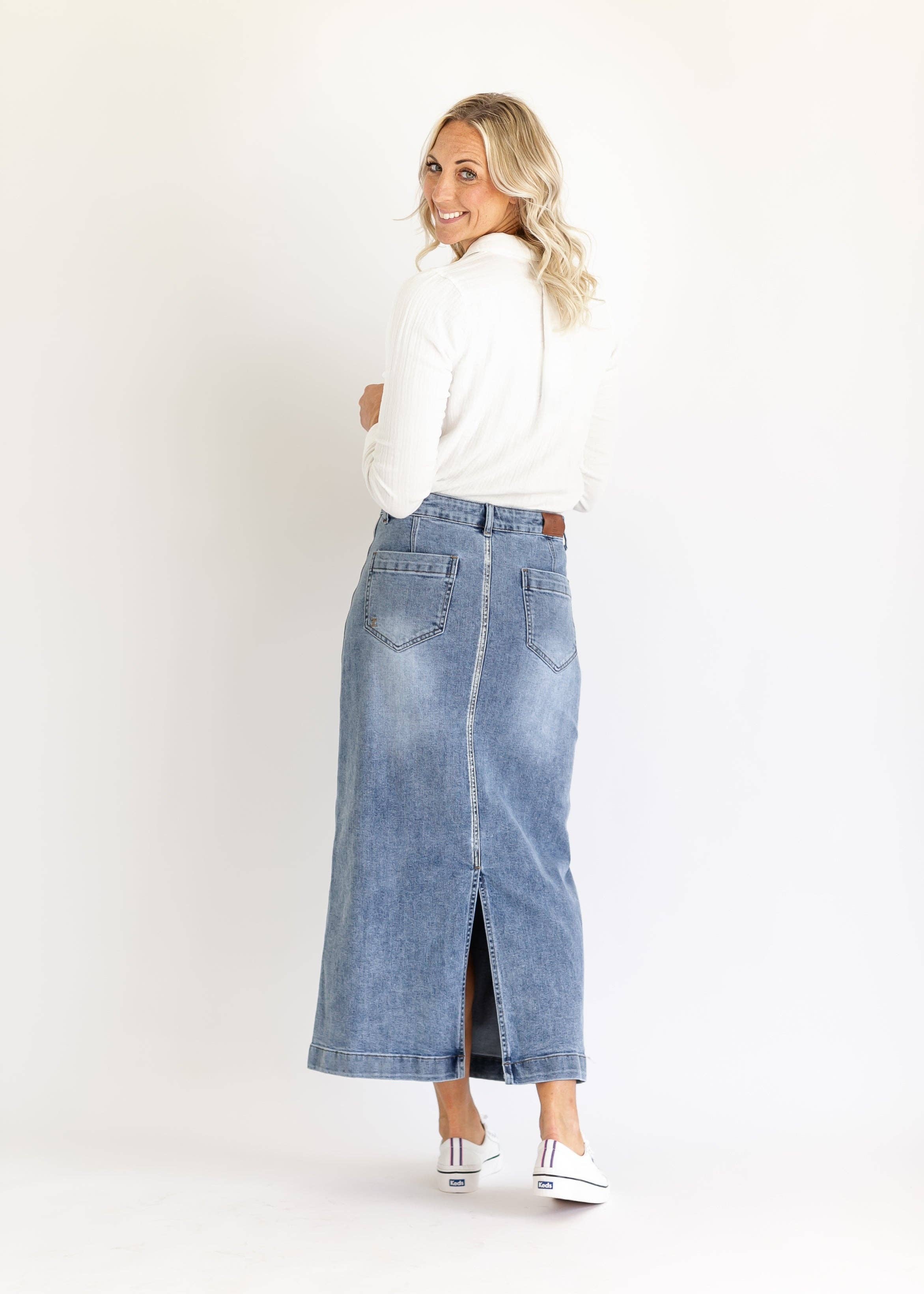 Inherit Clothing Company – wholesale Kjol - Dam – Elin Främre Ficka Maxi Jeanskjol4