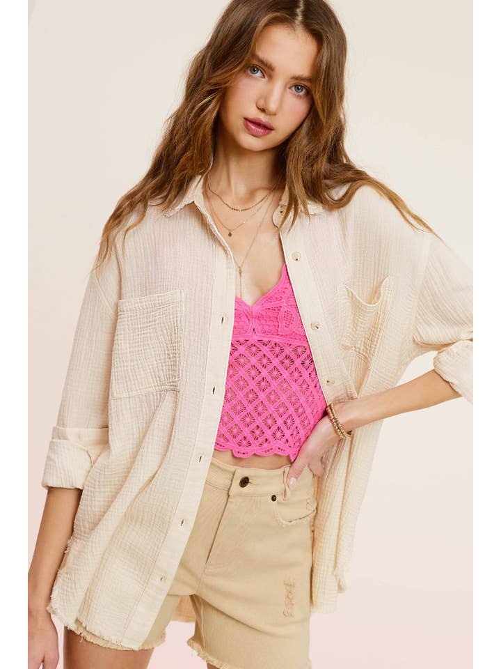 La Miel – wholesale Buttoned-down shirt – Women's – SRT7448-Soft Washed Crinkled Gauze Button Down Shirts7