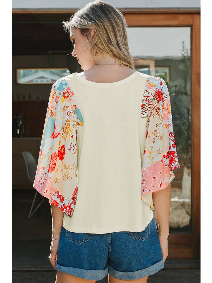 As shown Fashion-W Floral Patchwork Half Batwing Sleeve Blouse for wholesale on Faire