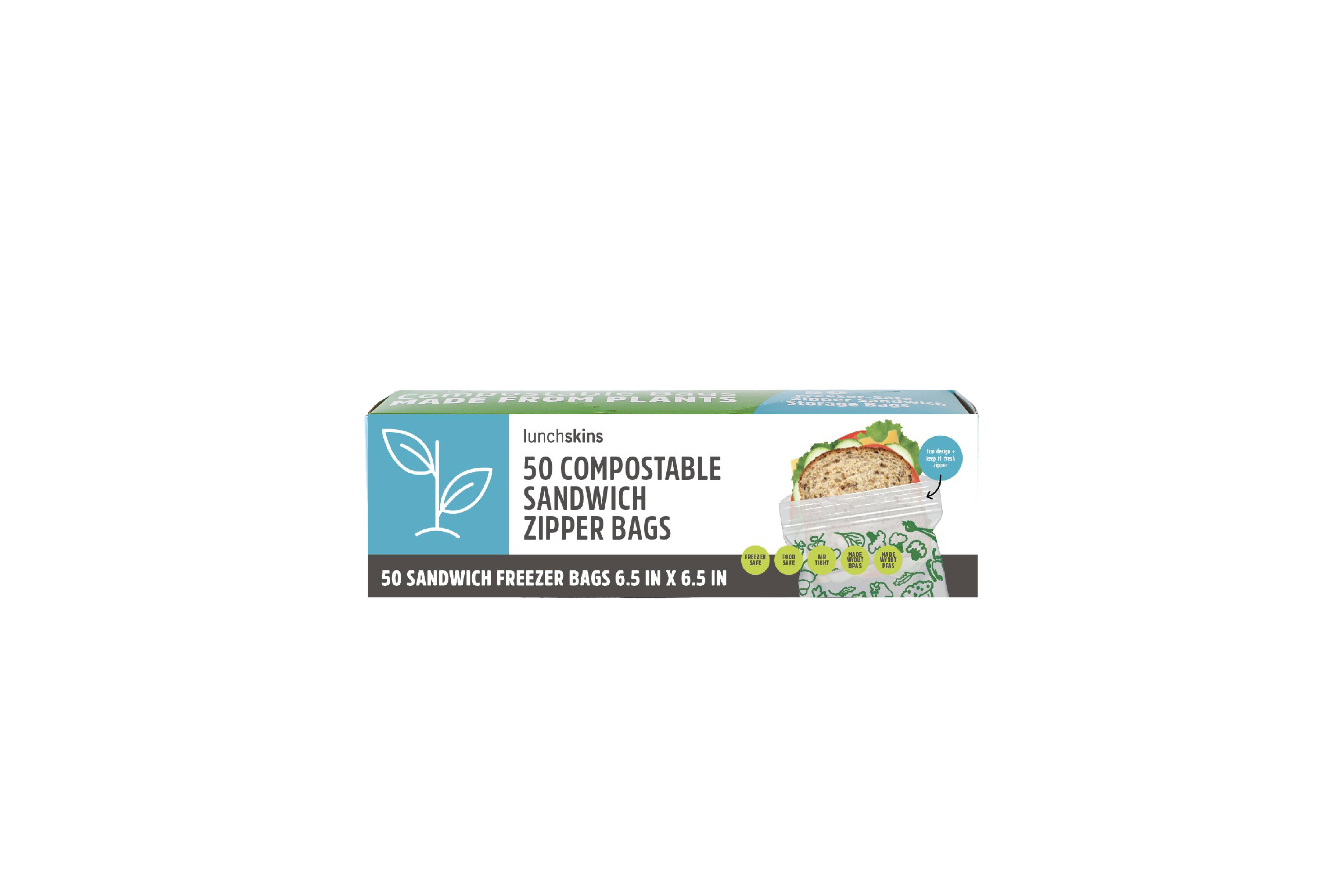Lunchskins - Wholesale Food Storage Wrap/Bag - Compostable Freezer-Safe Sandwich Ziptop Bags 50ct