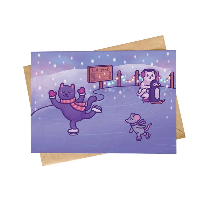 Cute & Funny Ice Skating Cat Christmas Card for wholesale by Mona Mauve β’ Silly Art!