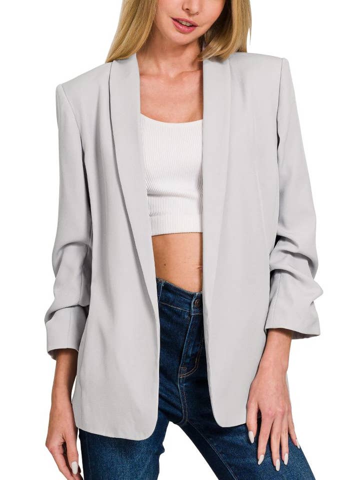 Vanilla Monkey - Wholesale Blazer - Women's - Woven 3/4 Ruched Sleeve Open Front Classic Blazer