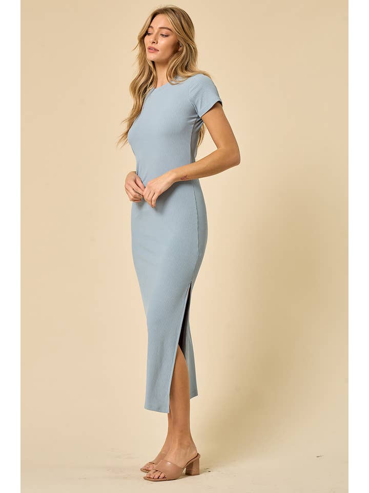 WISTERIA LANE - Venta al por mayor Vestido - Mujer - VESTIDO LARGO DE PUNTO ACANALADO OPACO CON ABERTURA - AZUL CLARO1
