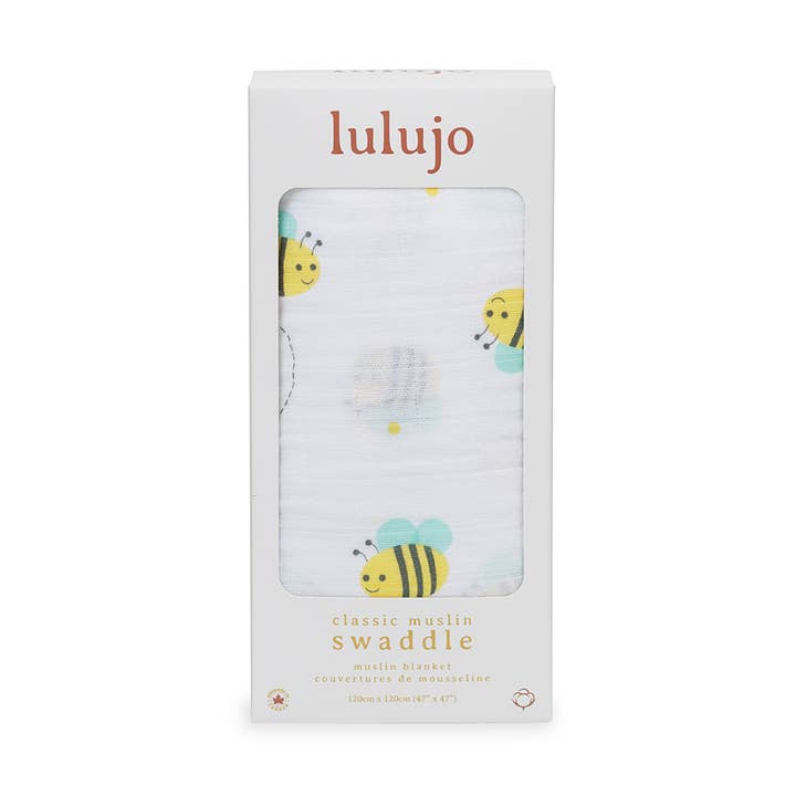 Muslin Swaddle Blanket – Bumbling Bee (47" x 47") for wholesale by Lulujo Baby