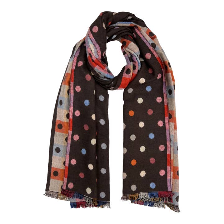 Multi colourful revisable dot scarves with fringes for wholesale by London Scarves