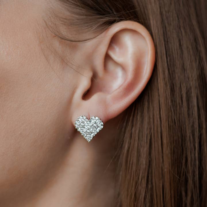 Rhodium Plated Heart-Shaped Stud Earrings with CZ Stones for wholesale by Sedy Jewelry