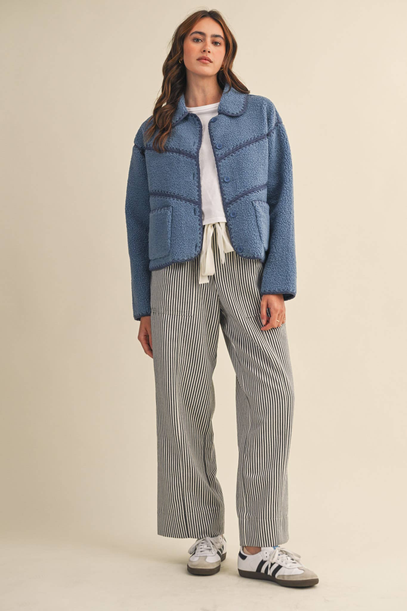 Black Offwht Stripe STRIPED WIDE LEG PANTS MP4461 for wholesale on Faire6