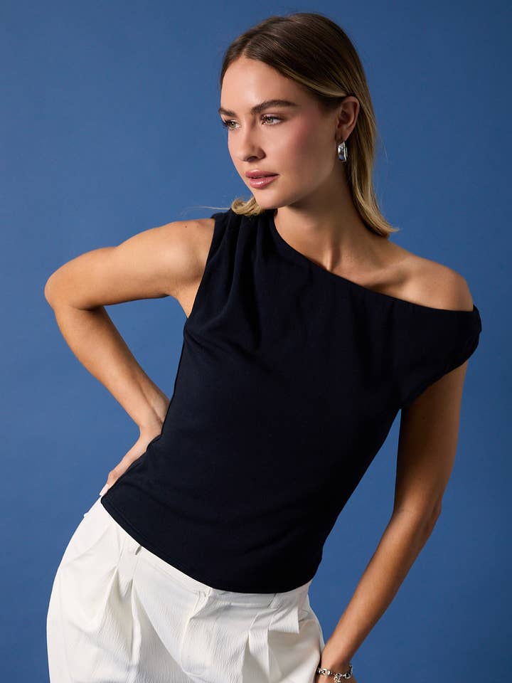 ASYMMERTRICAL NECK SLEEVELESS KNIT TOP for wholesale by Sunday Edition