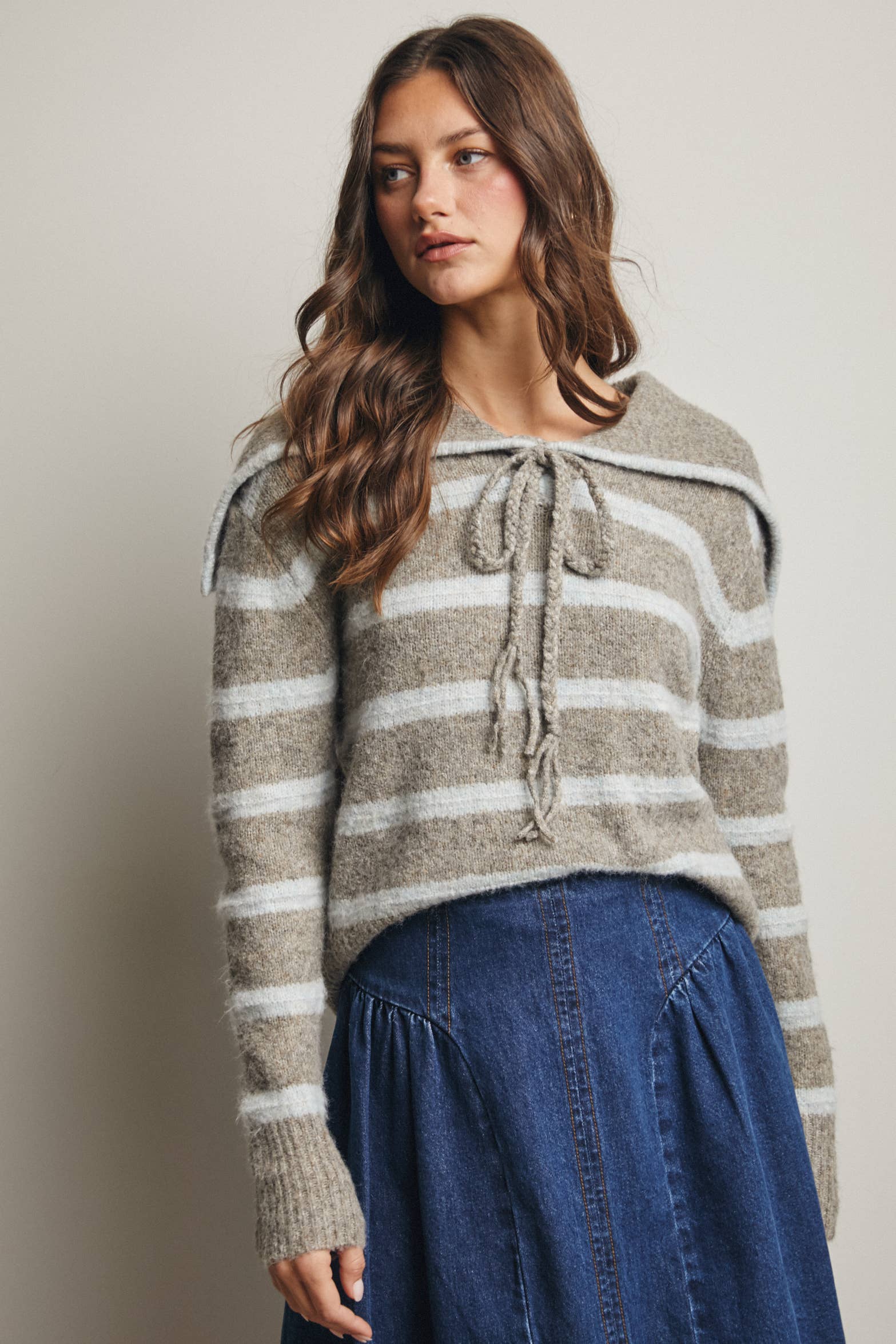 Forte - Vendita all'ingrosso Maglione tricot - Donna - Maglione a Maglia con Colletto da Marinaio a Righe FSW001224