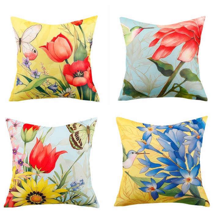 Colourful Flower and Bird Print Waterproof Cushion Cover - Design 1 (Set of 4 - 45x45cm) for wholesale by RKAAS HOME