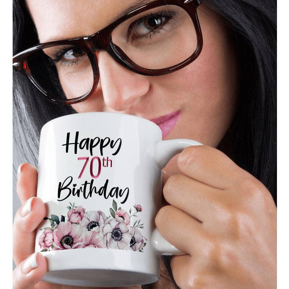 3dRose - Wholesale Coffee Mug - 3dRose, Pink and White Anemone Flowers Happy 70th Birthday, Mug9
