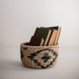 Cesta pequeña de mimbre con tapa, caja de almacenamiento de hierba marina  de ratán natural, cajas organizadoras rectangulares para el hogar