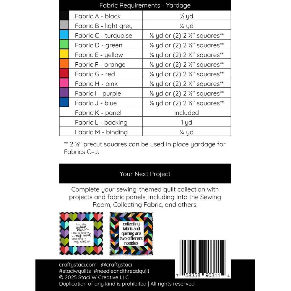 Staci W Creative LLC - Wholesale Craft Sewing Kit - Needle and Thread Quilt Pattern and Fabric Panel1
