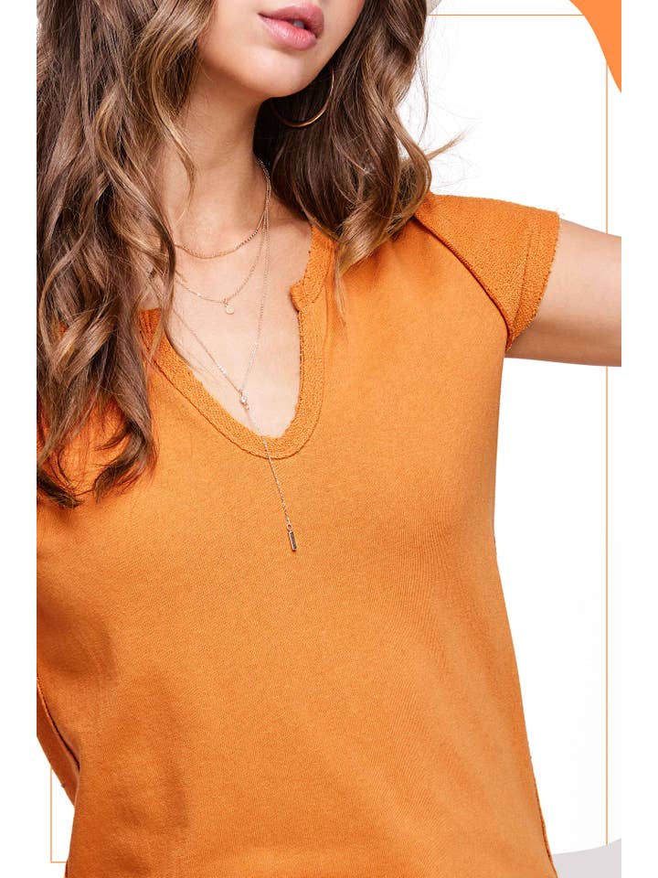 La Miel - Wholesale Knit Top - Women's - JBT7655-Textured Soft Terry Fabric Raw Edge Short Sleeve Top